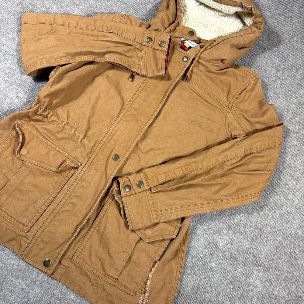 Orvis Parka Jacket Womens Medium Brown Hooded Canvas Workwear Utility Pockets